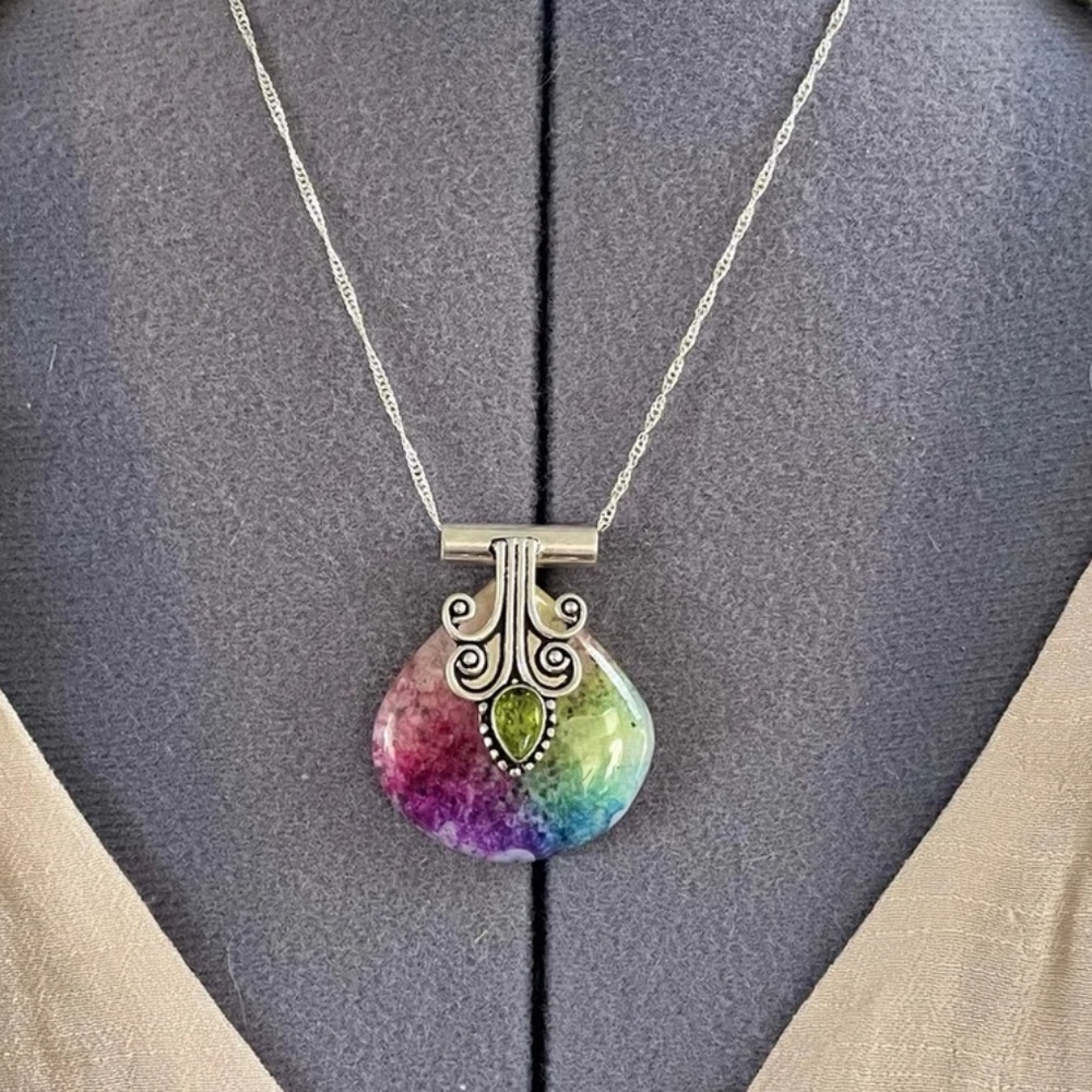 😵Peridot & Rainbow Crystal Quartz Tie Dye Stone Pendant necklace gem 925 Silver